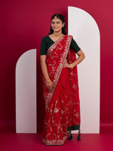  Chinon Rajwadi Style Sequence Embroidery Work saree in red colour
