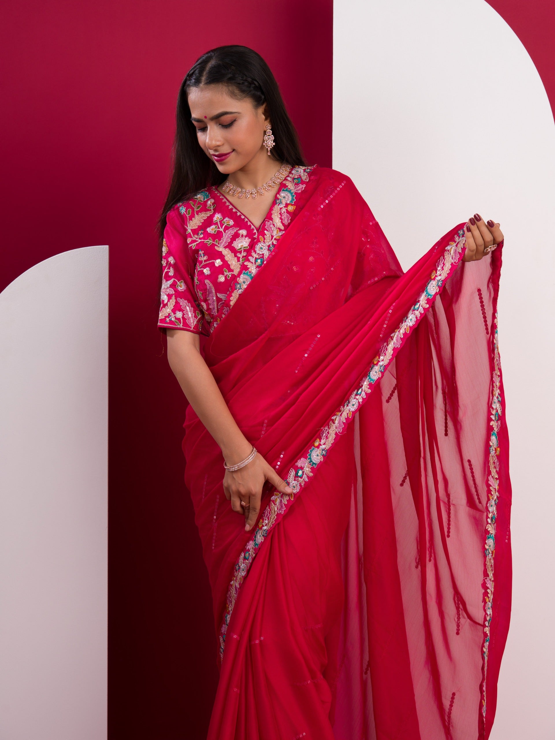 Kashida Embroidery Work saree wih readymade blouse