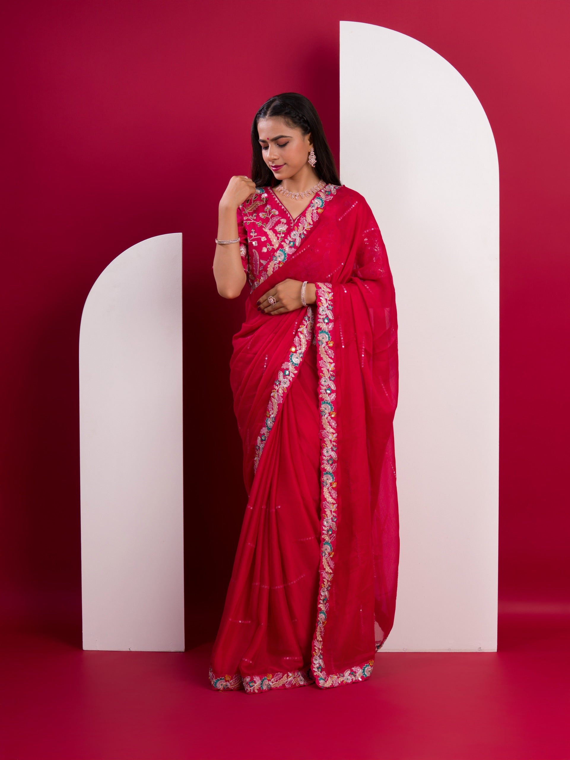 Kashida Embroidery Work saree wih readymade blouse
