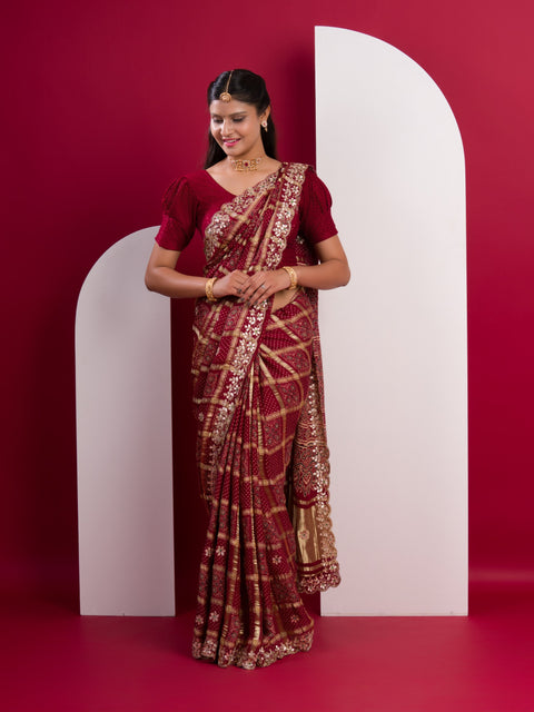 KcPc Pure Modal Gaji Silk Bandhani Ajrakh Handblock with Gotapatti Handwork Saree AMT