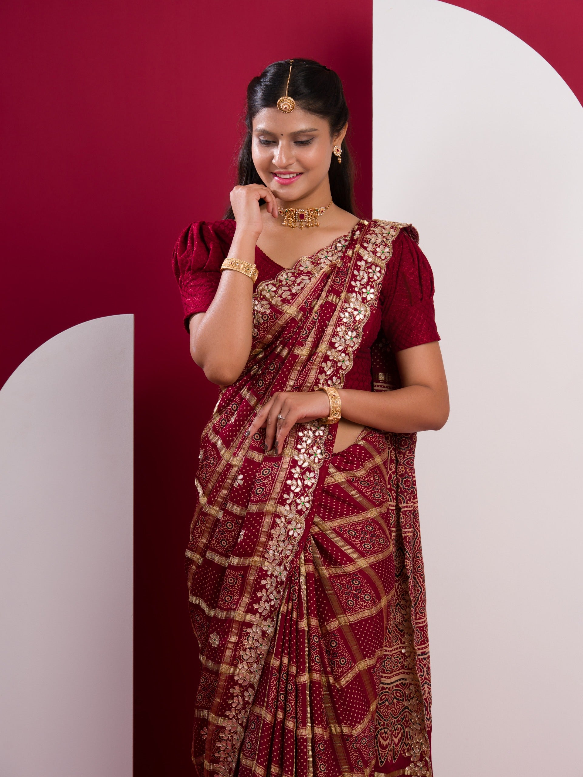 KcPc Pure Modal Gaji SilkAjrakh Handblock with Gotapatti Handwork Saree AMT