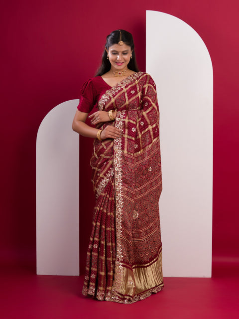KcPc Pure Modal Gaji Silk Bandhani Ajrakh Handblock with Gotapatti Handwork Saree AMT