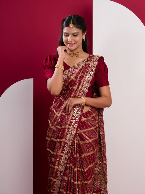 KcPc Pure Modal Gaji Silk Bandhani Ajrakh Handblock with Gotapatti Handwork Saree AMT
