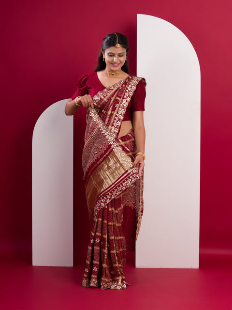 KcPc Pure Modal Gaji Silk Bandhani Ajrakh Handblock with Gotapatti Handwork Saree AMT