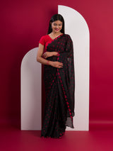  Chinon Silk Bandhani Style Sareein red and black colour under 1000