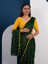  Chinon Silk Bandhani Style Sareein green and yellow colour under 1000