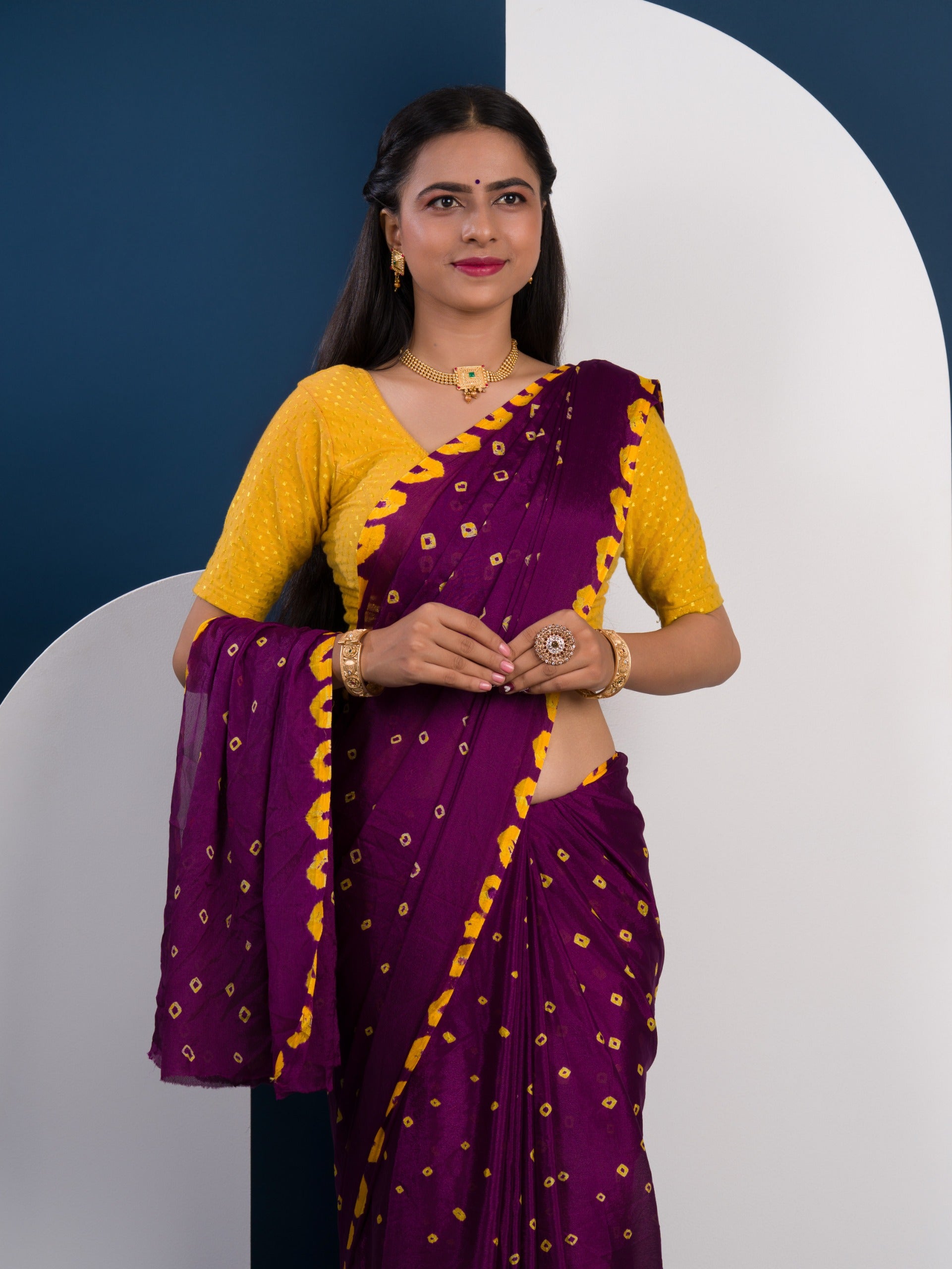  Chinon Silk Bandhani Style Sareein purple and yellow colour under 1000