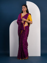  Chinon Silk Bandhani Style Sareein purple and yellow colour under 1000