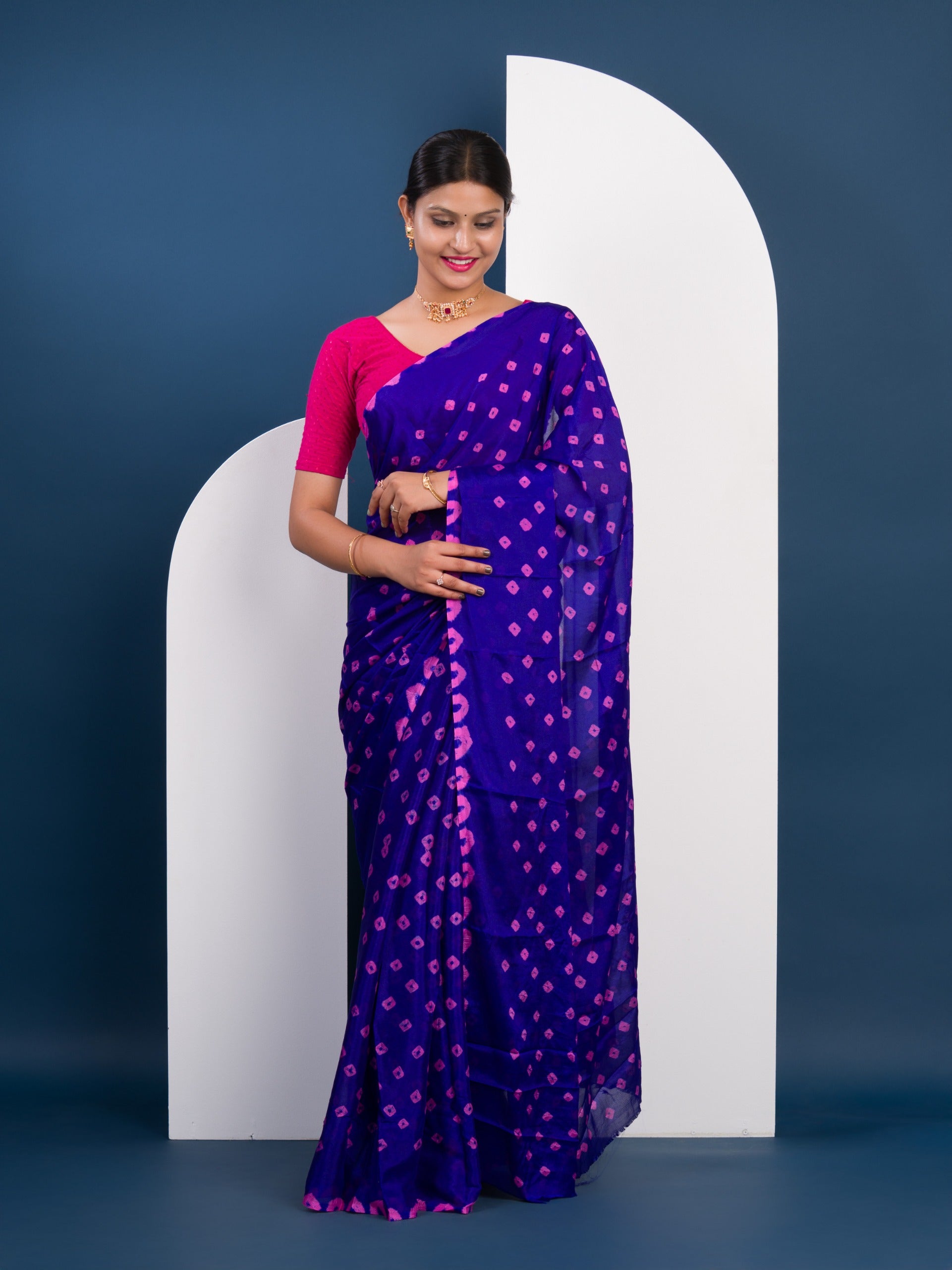  Chinon Silk Bandhani Style Sareein pink and blue colour under 1000