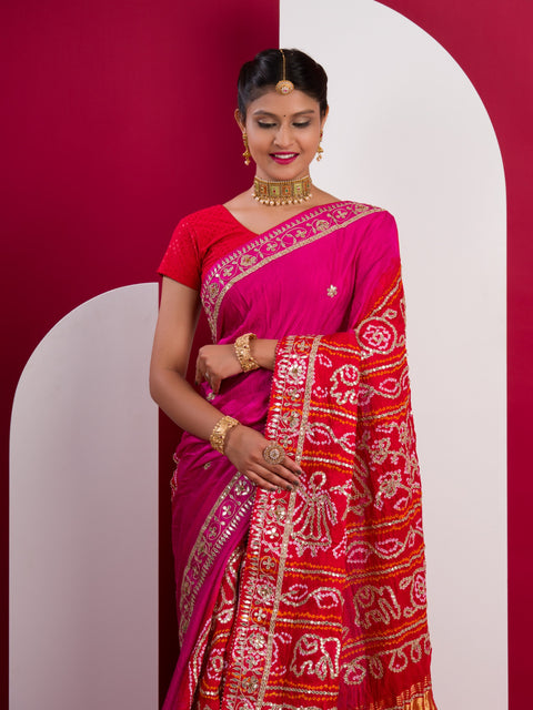 KcPc New Pure Gaji silk Bandhani Shilpa Shetty Designer Hand Gotapatti Work Saree AMT
