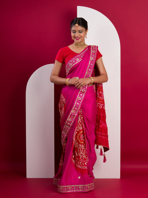 KcPc New Pure Gaji silk Bandhani Shilpa Shetty Designer Hand Gotapatti Work Saree AMT
