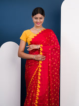  Chinon Silk Bandhani Style Sareein red and yellow colour under 1000