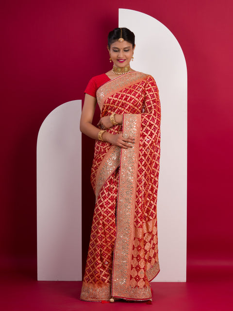 KcPc Latest Pure Khaddi Georgette Neemzari Bandhej Gotapatti Work Saree AMT Red