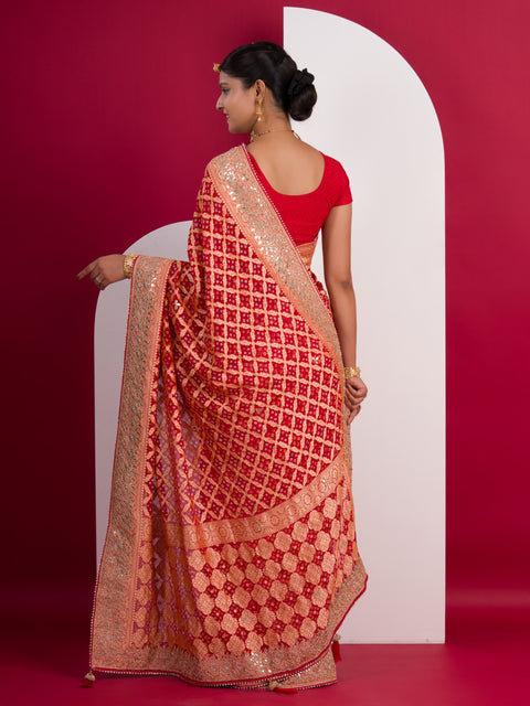 KcPc Latest Pure Khaddi Georgette Neemzari Bandhej Gotapatti Work Saree AMT Red
