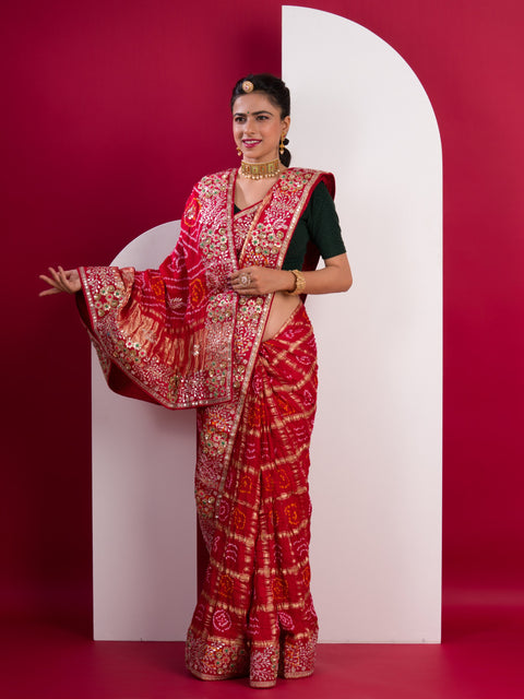 KcPc New Pure Gaji Silk Bandhani Gharchola Gotapatti Work Saree  PRF
