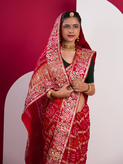 KcPc New Pure Gaji Silk Bandhani Gharchola Gotapatti Work Saree  PRF