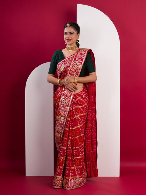 KcPc New Pure Gaji Silk Bandhani Gharchola Gotapatti Work Saree  PRF