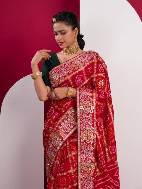 KcPc New Pure Gaji Silk Bandhani Gharchola Gotapatti Work Saree  PRF
