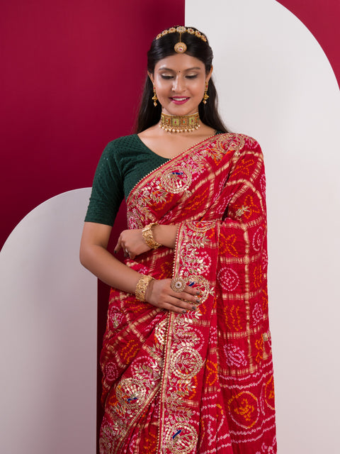 KcPc Pure Gaji Silk Bandhani Ghatchola Gotapatti Saree Red