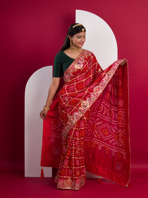 KcPc Pure Gaji Silk Bandhani Ghatchola Gotapatti Saree Red