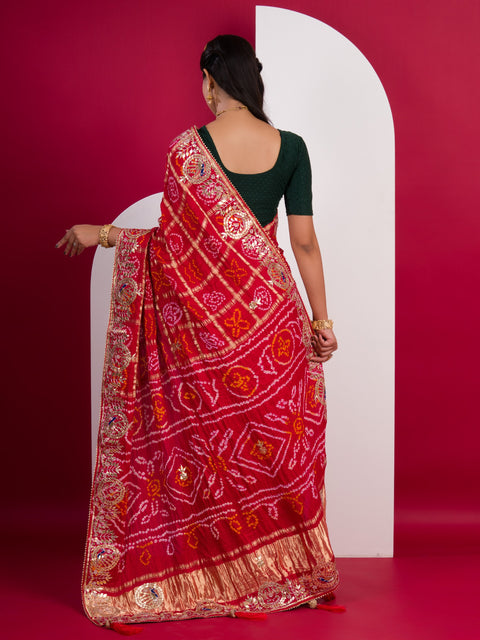 KcPc Pure Gaji Silk Bandhani Ghatchola Gotapatti Saree Red