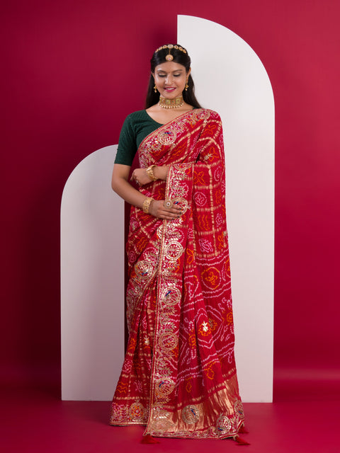 KcPc Pure Gaji Silk Bandhani Ghatchola Gotapatti Saree Red
