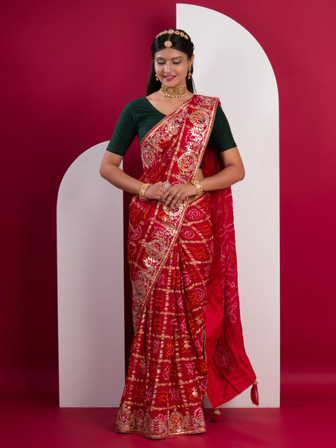 KcPc Pure Gaji Silk Bandhani Ghatchola Gotapatti Saree Red