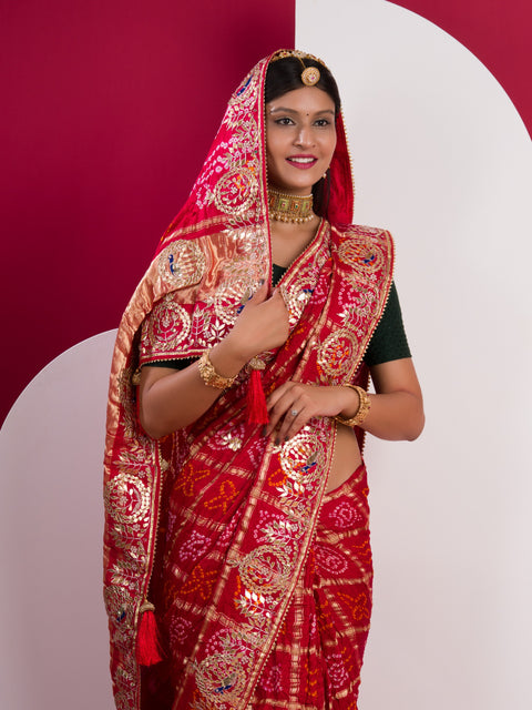 KcPc Pure Gaji Silk Bandhani Ghatchola Gotapatti Saree Red