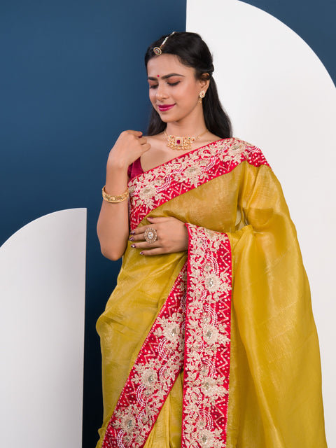 KcPc Pure Tissue Silk Bandhani Embroidery Work Saree  SNSM