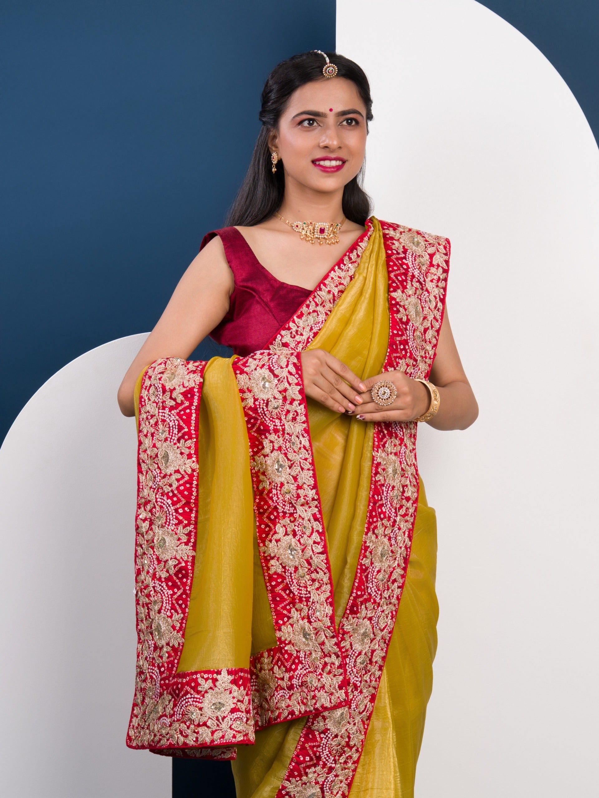 Tissue Silk Bandhani Embroidery Work Saree