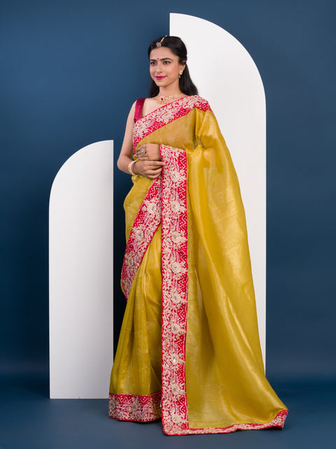 KcPc Pure Tissue Silk Bandhani Embroidery Work Saree  SNSM