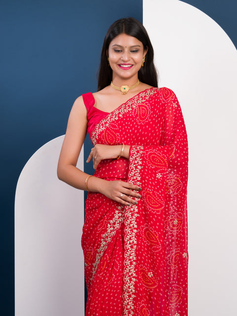 KcPc Launching New Pure Mos Chiffon Handmade Pitta Aari Work Bandhani Saree  SWA