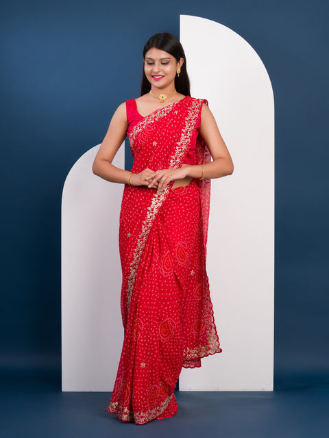 KcPc Launching New Pure Mos Chiffon Handmade Pitta Aari Work Bandhani Saree  SWA