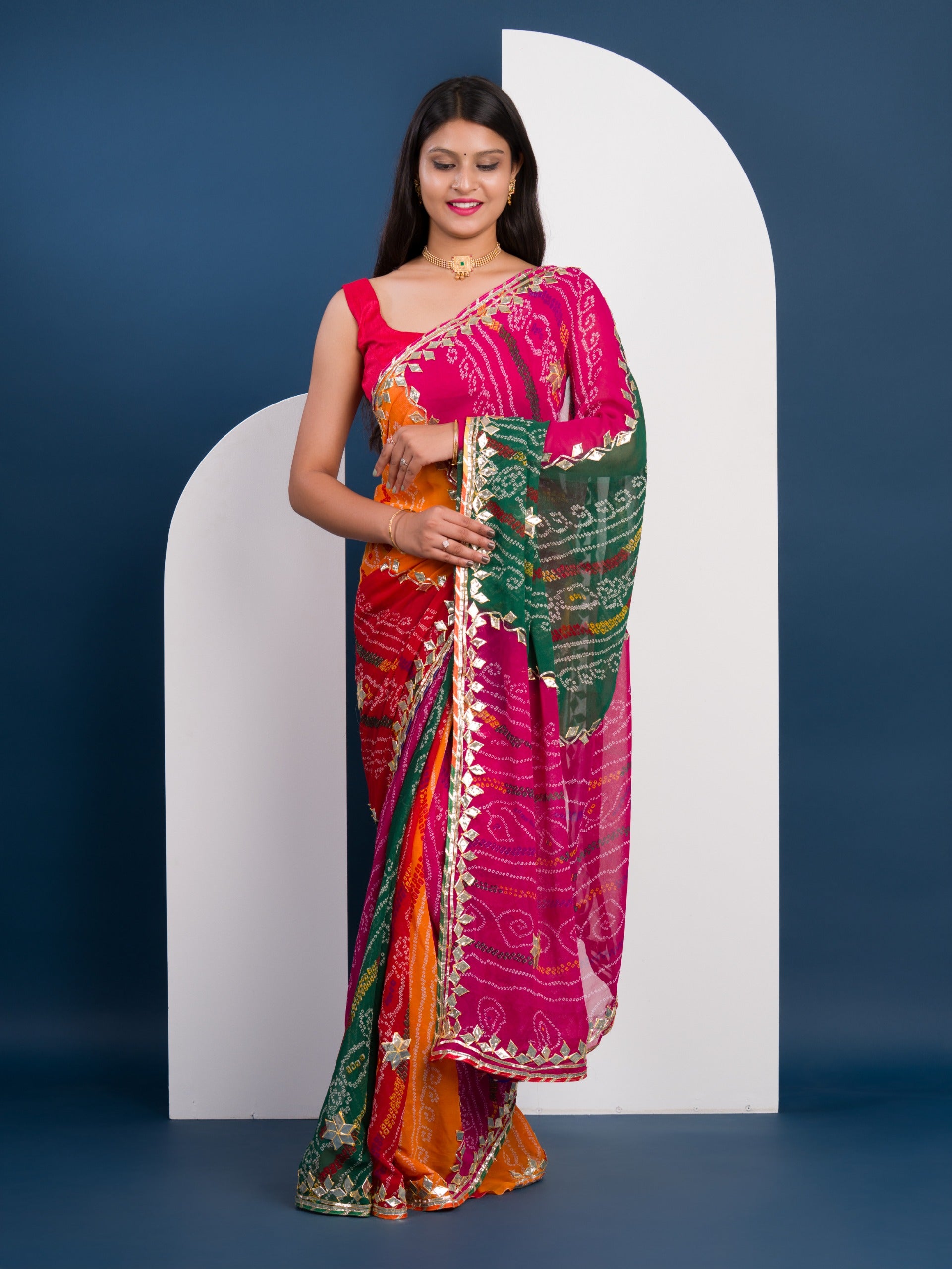 KcPc Pure Georgette Multi Colour Leheriya Bandhej Gotapatti Work SareeMHS