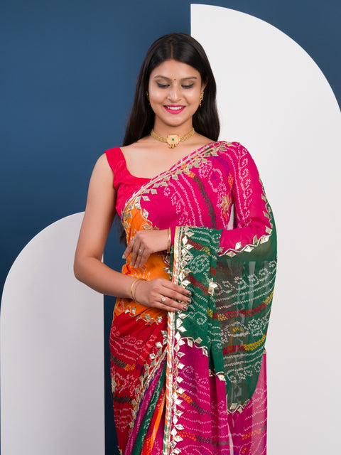 KcPc Pure Georgette Multi Colour Leheriya Bandhej Gotapatti Work Saree  MHS