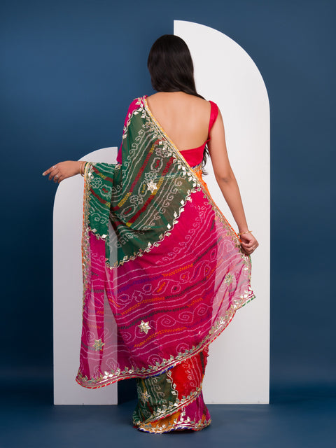 KcPc Pure Georgette Multi Colour Leheriya Bandhej Gotapatti Work Saree  MHS