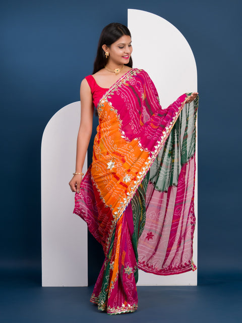 KcPc Pure Georgette Multi Colour Leheriya Bandhej Gotapatti Work Saree  MHS