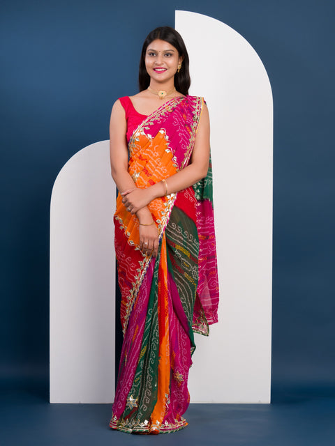KcPc Pure Georgette Multi Colour Leheriya Bandhej Gotapatti Work Saree  MHS