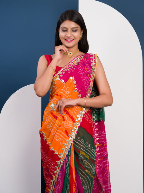 KcPc Pure Georgette Multi Colour Leheriya Bandhej Gotapatti Work Saree  MHS