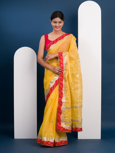 KcPc Pure Soft Cotton Kota Doriya With Gotapatti Work All Over Bandhej saree SWA