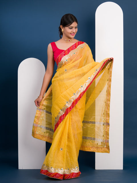 KcPc Pure Soft Cotton Kota Doriya With Gotapatti Work All Over Bandhej saree SWA