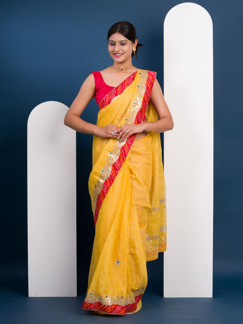 KcPc Pure Soft Cotton Kota Doriya With Gotapatti Work All Over Bandhej saree SWA