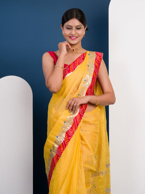 KcPc Pure Soft Cotton Kota Doriya With Gotapatti Work All Over Bandhej saree SWA