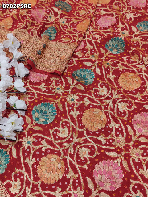 KcPc Originals Pure Meenakari Khaddi Georgette Upada Janglaw Bandhani Neemzari Saree Red