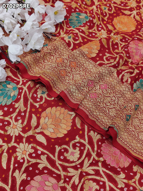 KcPc Originals Pure Meenakari Khaddi Georgette Upada Janglaw Bandhani Neemzari Saree Red