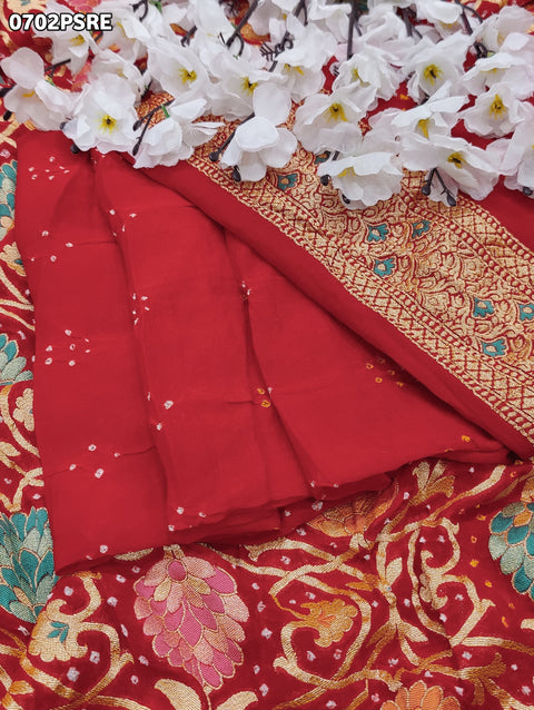 KcPc Originals Pure Meenakari Khaddi Georgette Upada Janglaw Bandhani Neemzari Saree Red