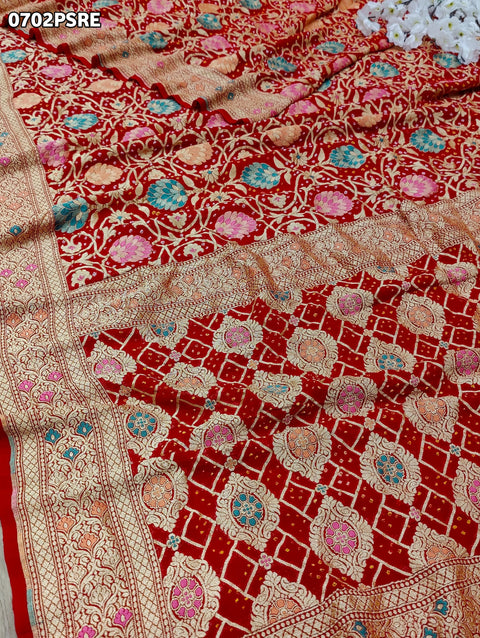 KcPc Originals Pure Meenakari Khaddi Georgette Upada Janglaw Bandhani Neemzari Saree Red