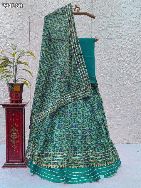 KcPc Latest Jaipur Patola style Kota Doria Gota Patti Lehenga KMLGreen
