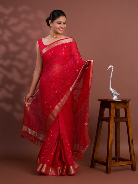 KcPc Kota Doria Kashida Work Gotapatti Style Bikaneri Saree SNA Red