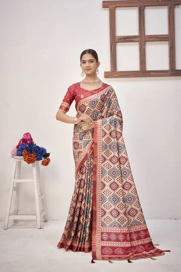KcPc New Elegant Cotton Silk Printed Saree with Zari Border Saree STR